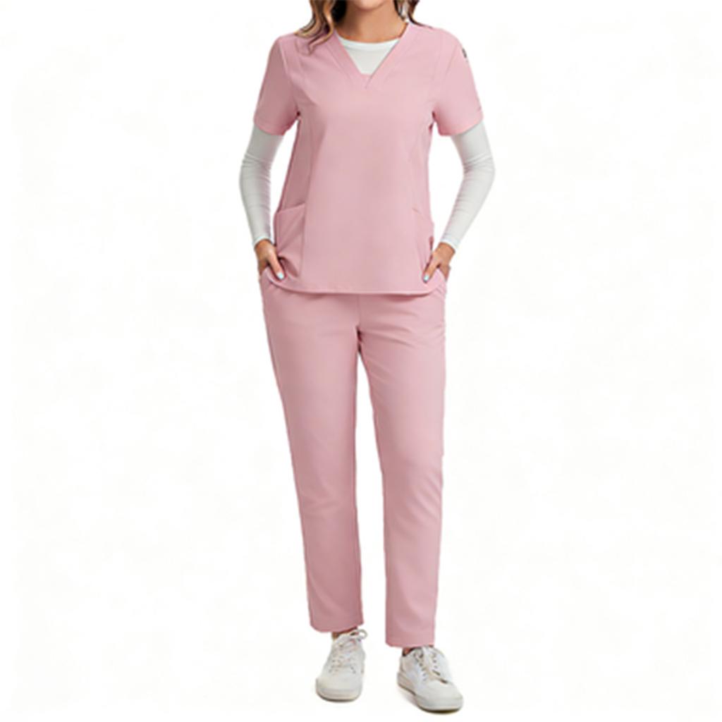 Ladies' Loose And Comfortable V-neck Short Sleeved Workwear With Multiple Pockets Suit Set