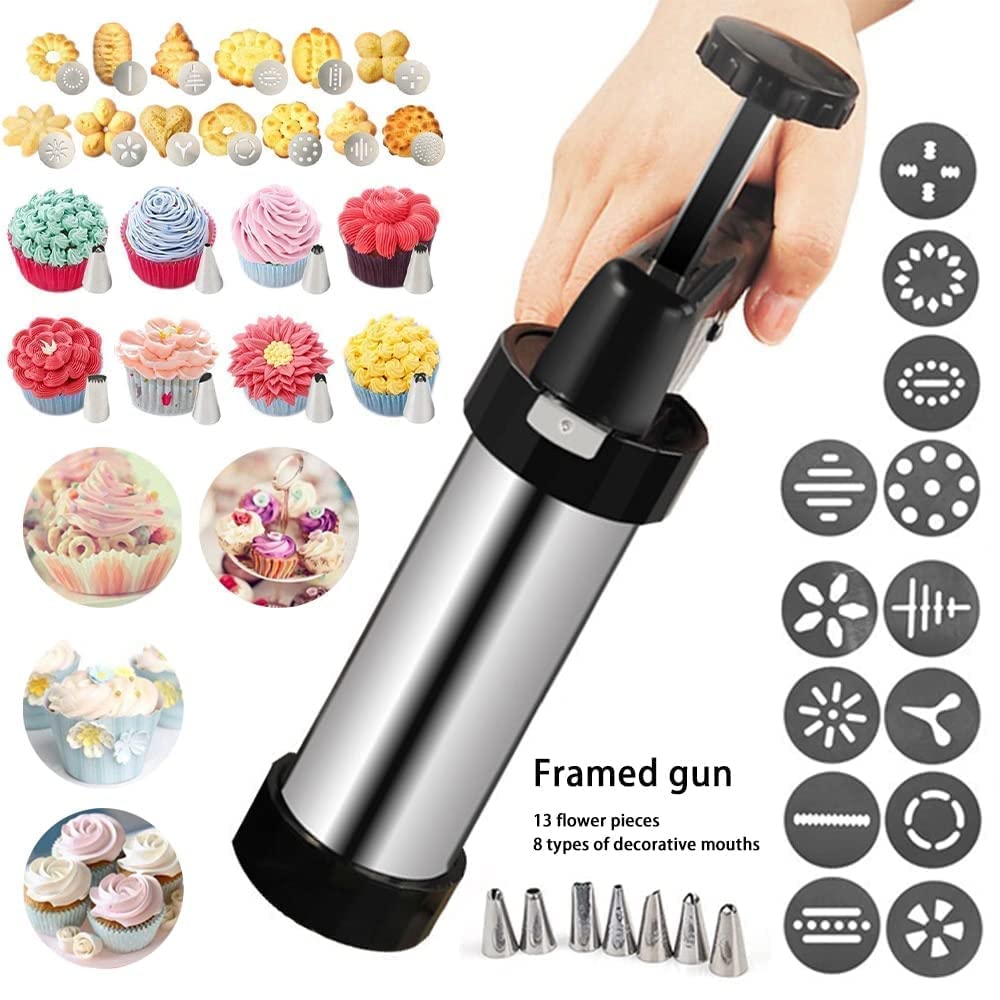 Stainless Steel Cookie Press Kit – 13 Discs & 8 Nozzles – Multi-Pattern Stamper for Baking, Biscuits & Cake Decoration