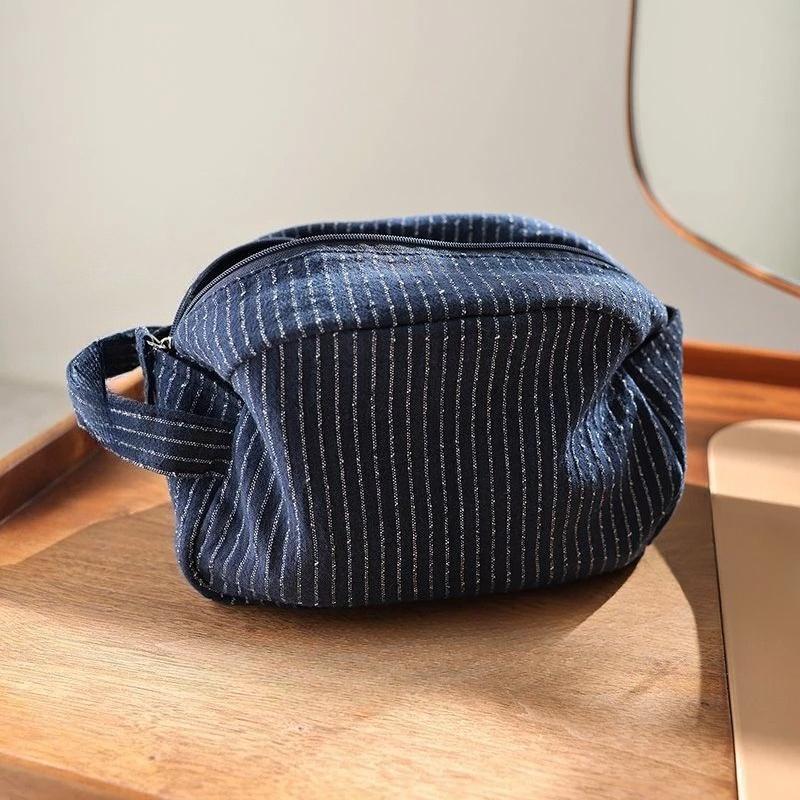 Classic Striped Makeup Bag Large Capacity Portable Cosmetic Bag Cotton Linen Fabric Dark Zipper Skin Care Travel Toiletry Bagportable Storage Bag