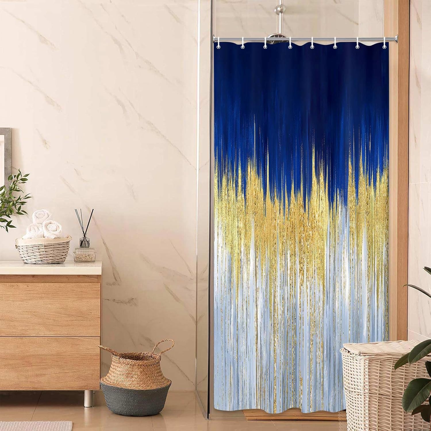 

Jawo Abstract Shower Curtain - Gray Blue Beachy Stripes, Navy Tan Arabic Pattern, Modern Minimalist Fabric Bath Curtain Set W60H190(CM)-1 Pcs