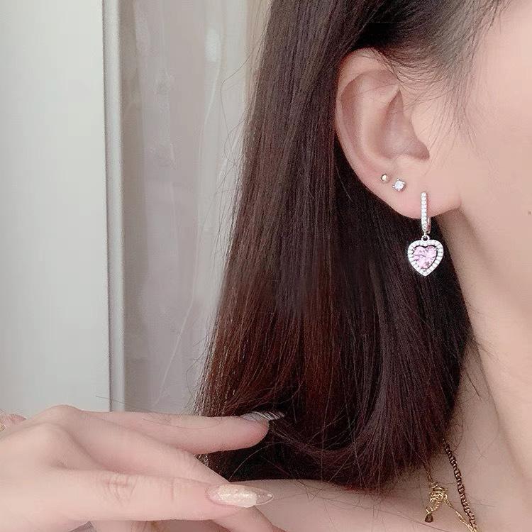 Pink love zircon earrings women's earrings style high-end temperament pendant ear jewelry
