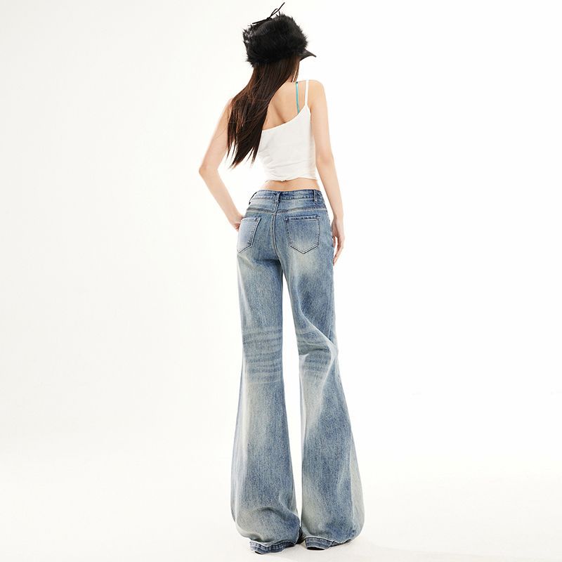 Spring Summer Low Waist Non Cling Light Blue Floor Micro Flare Denim Pants For Women Casual Pants Oversize Denim Trousers