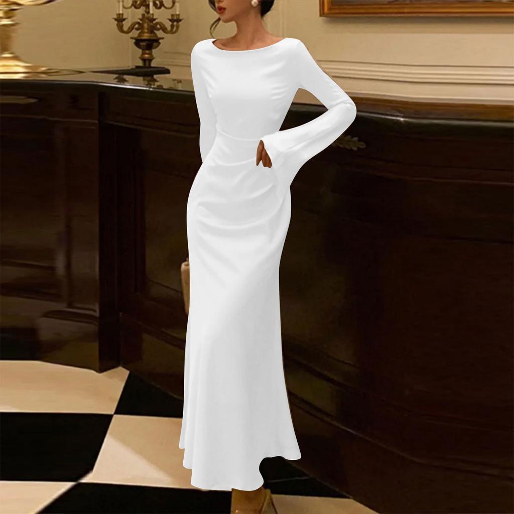 Women's Spring And Round Neck Long Sleeve Fishtail Dress Color Daily Slim Dresses