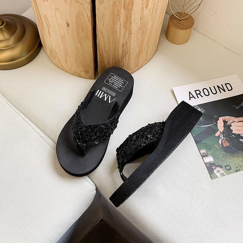 Glitzer, Zehensandalen, Damen, Keilabsatz, Dicke Sohle, Hausschuhe, Strandschuhe, Pantoletten, Glänzend, Damenpantoletten