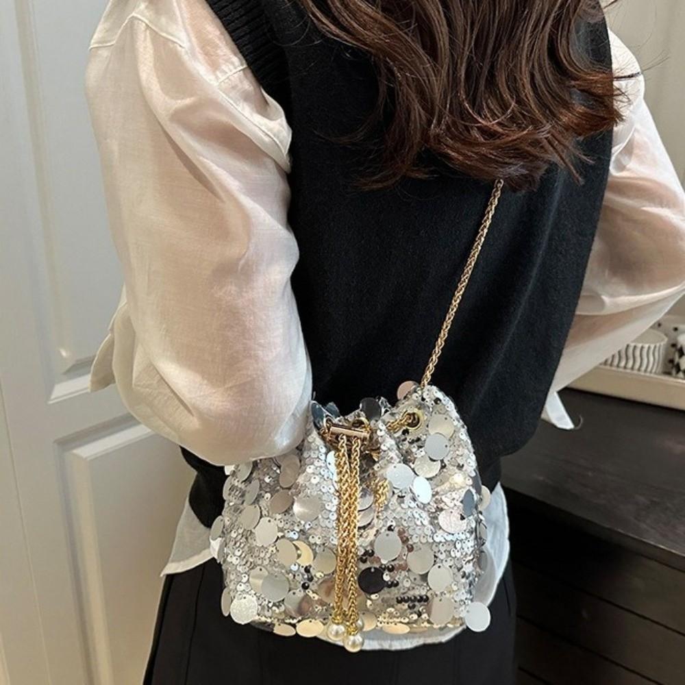 Shiny Glitter Evening Banquet Bag Blingbling Tassel Large Capacity Sequin Shoulder Bag Light Luxury Metal Chain