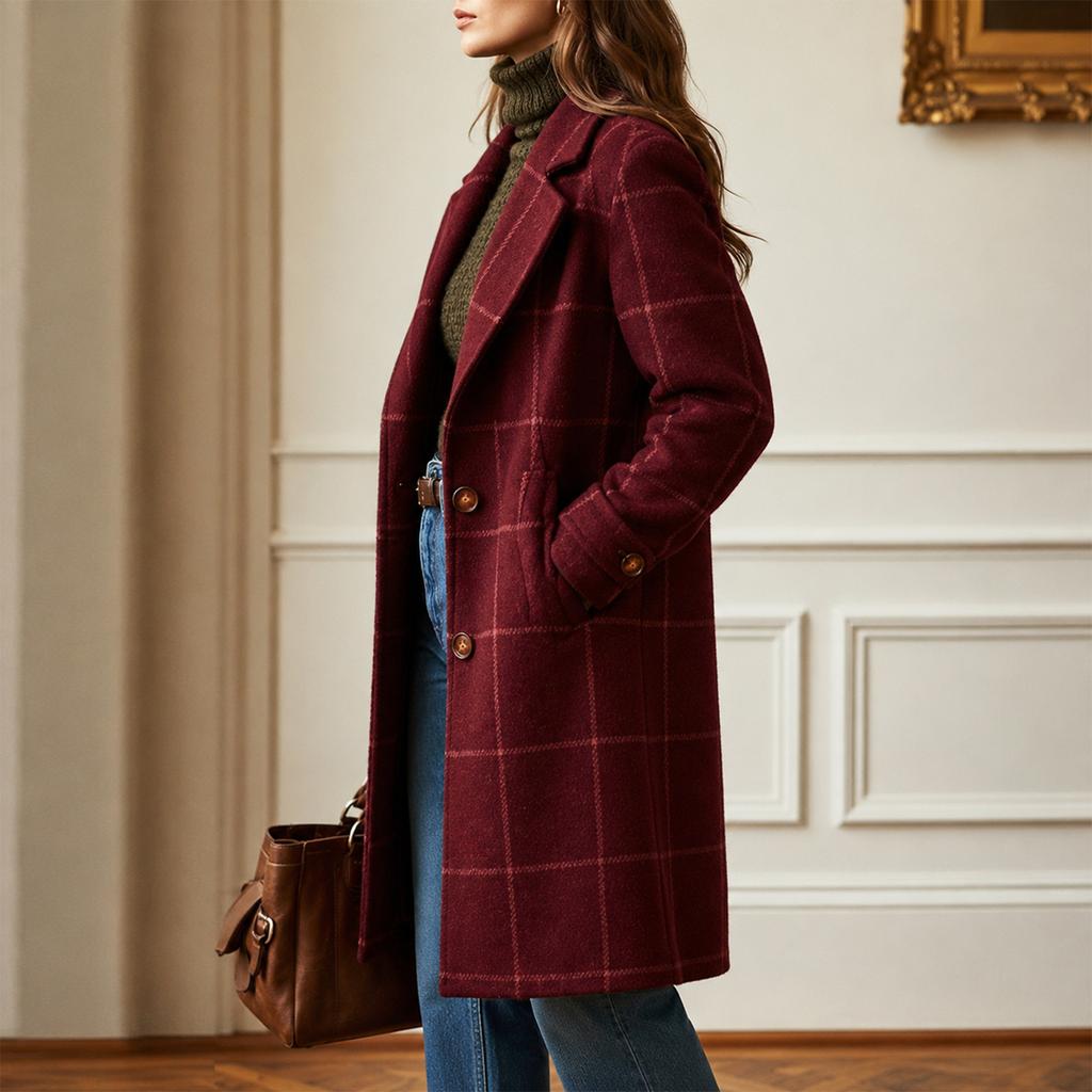 Women's Retro Plaid Casual Mid-Length Wool Coat with Lapel Collar