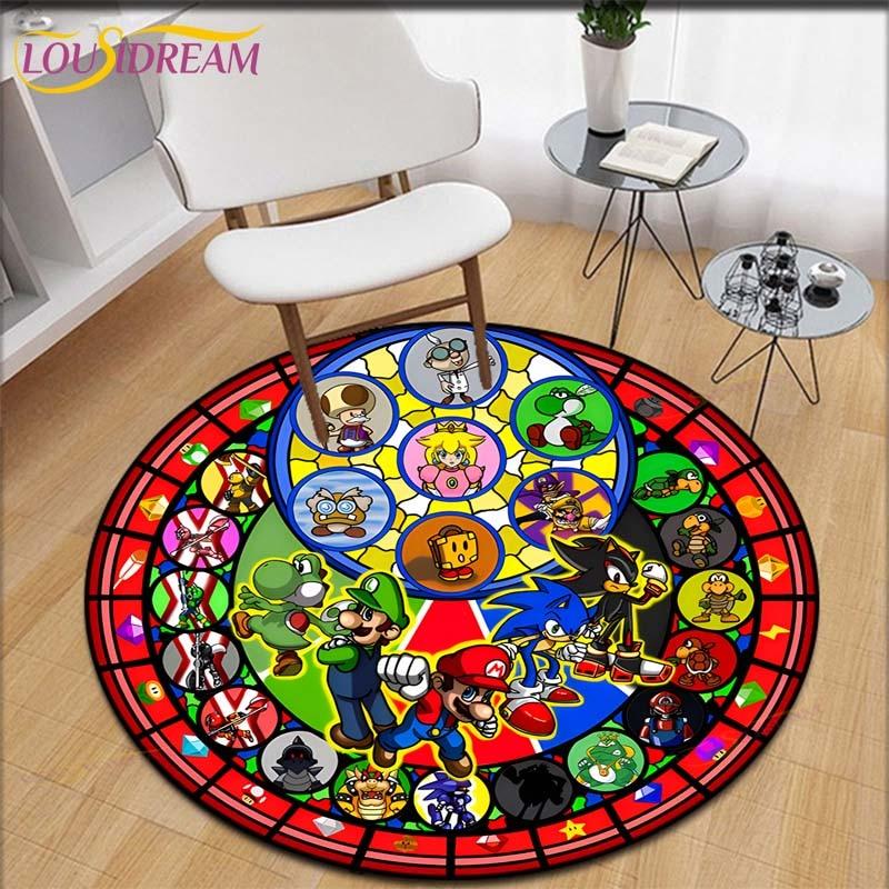 Cartoon Mario Bros Round Children Carpet Anime Pattern Children Flannel Carpet Baby Hand Print Carpet  Anime Rug