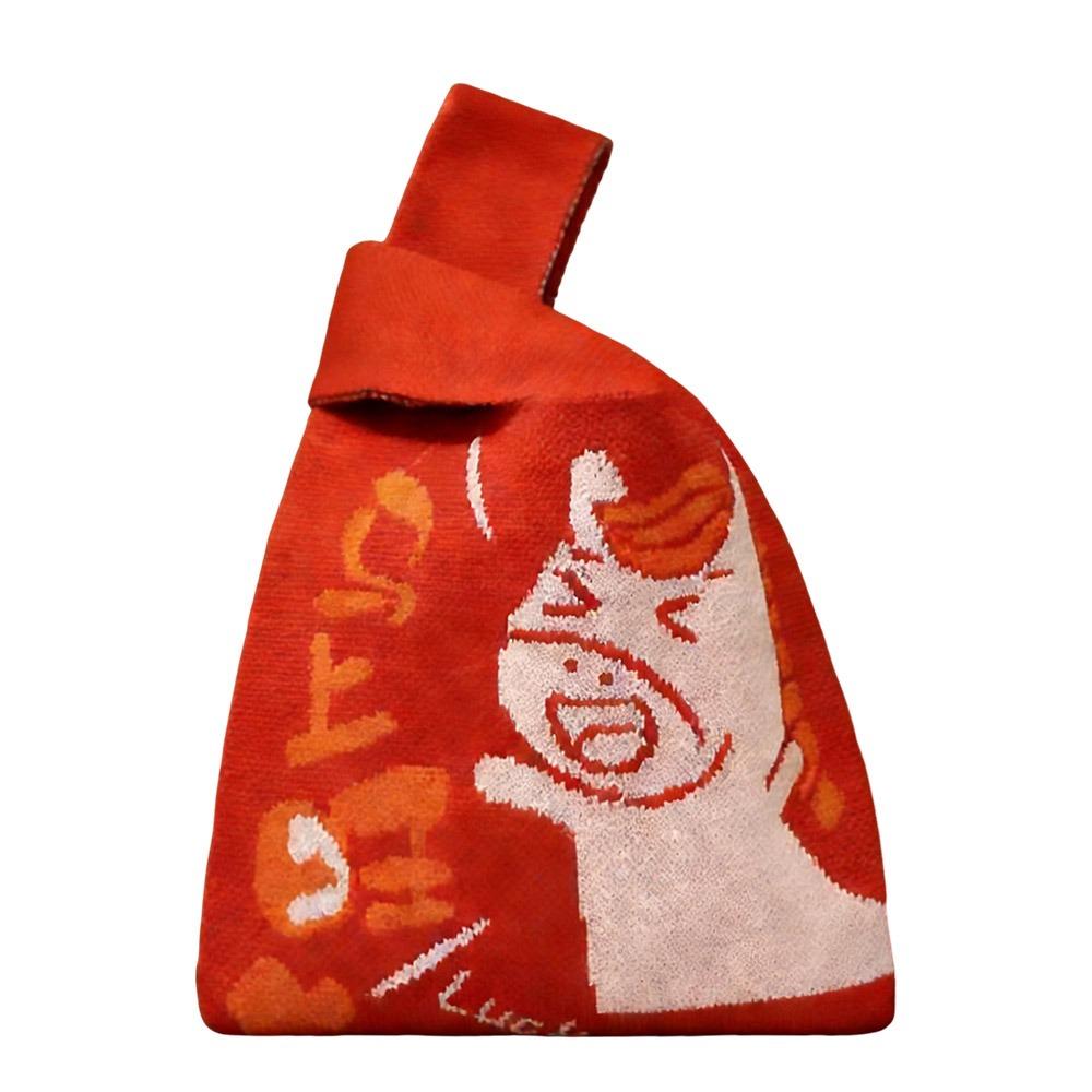 Large Capacity Knitted Handbag Cartoon Pattern Chinese Style Knot Wrist Bag Red Color Weave Pattern Woven Bag Year of the Horse