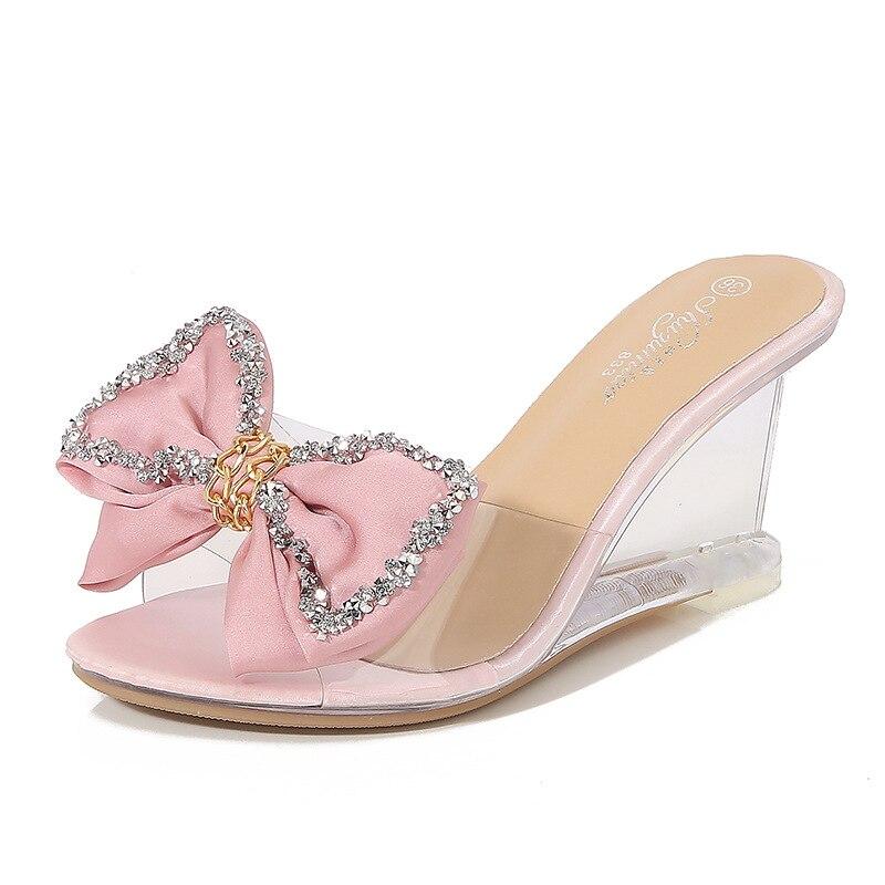 

Новые женские летние пикантные прозрачные шлепанцы на высоком каблуке с кристаллами и бантом, серия 1098, туфли на высоком каблуке 6 см, LFD 36 розовый