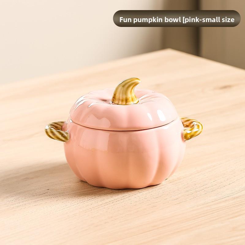 Ceramic Pumpkin Covered Soup Bowl with Handles Large Creative Heatproof Noodle Serving Dish