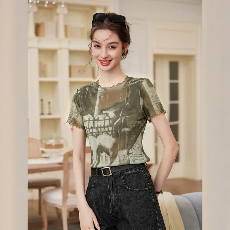 Women s Floral Print Ruffle Sleeve T-Shirt S