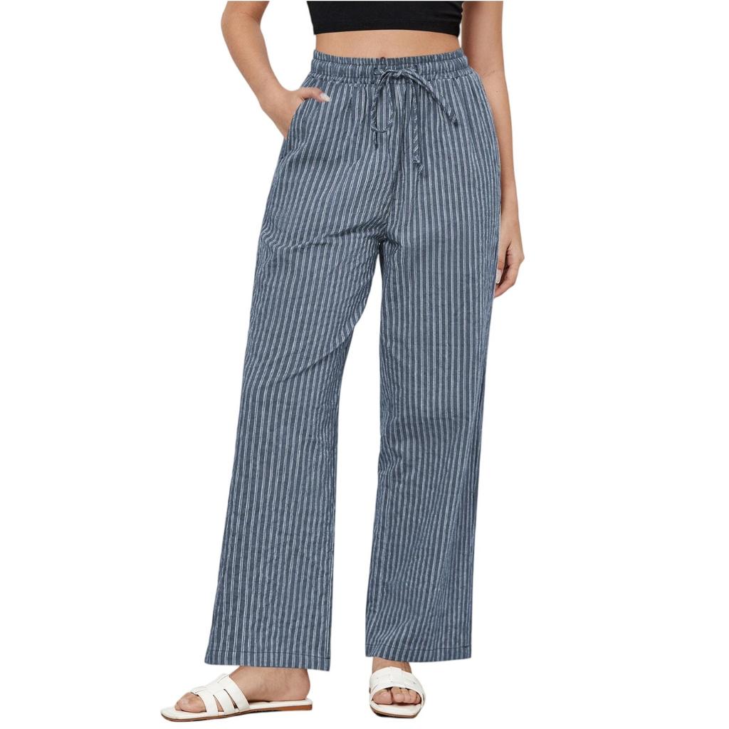 Striped Pants For Women High Waisted Wide Leg Cotton Linen Trendy Beach Pull On Elastic Waist Casual Flowy Pants