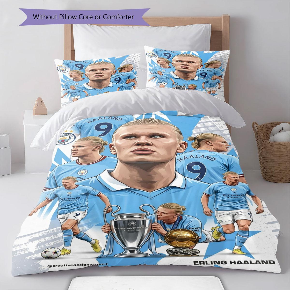 Haaland Spieler Bettwäsche Steppdecke Set Bettbezug Kissenbezug Heimdekoration Geburtstagsgeschenk (1 Bettbezug + 2 Kissenbezüge, ohne Füllung) 140x200cm