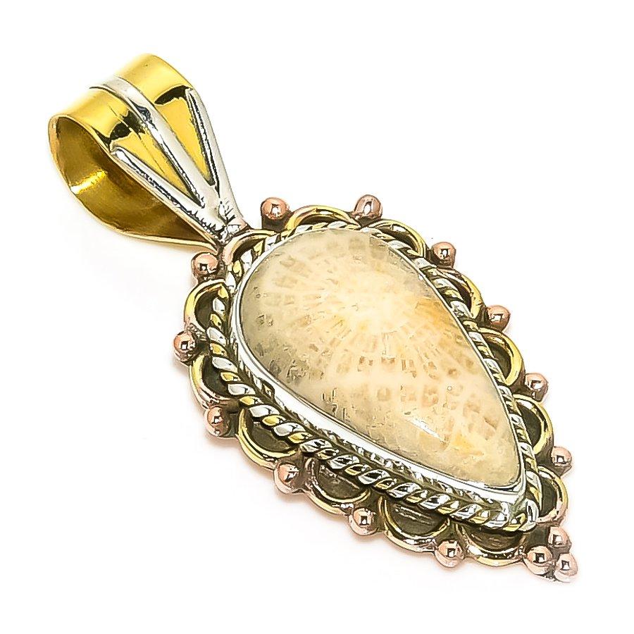 

Natural Fossil Coral TwoTone 925 Solid Sterling Silver Gift Pendant 1.50 a7I95
