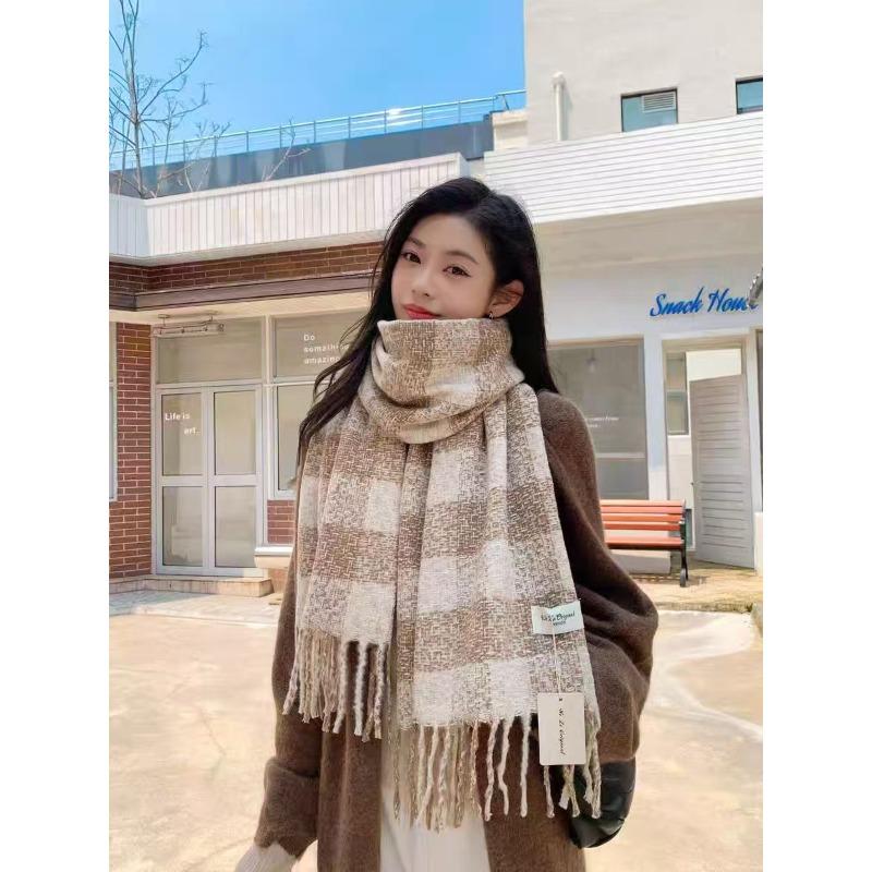 New Maillard Imitation Cashmere Plaid Shawl for Women Autumn and Winter Scarf Korean Style Atmosphere Thickened Warm Scarf