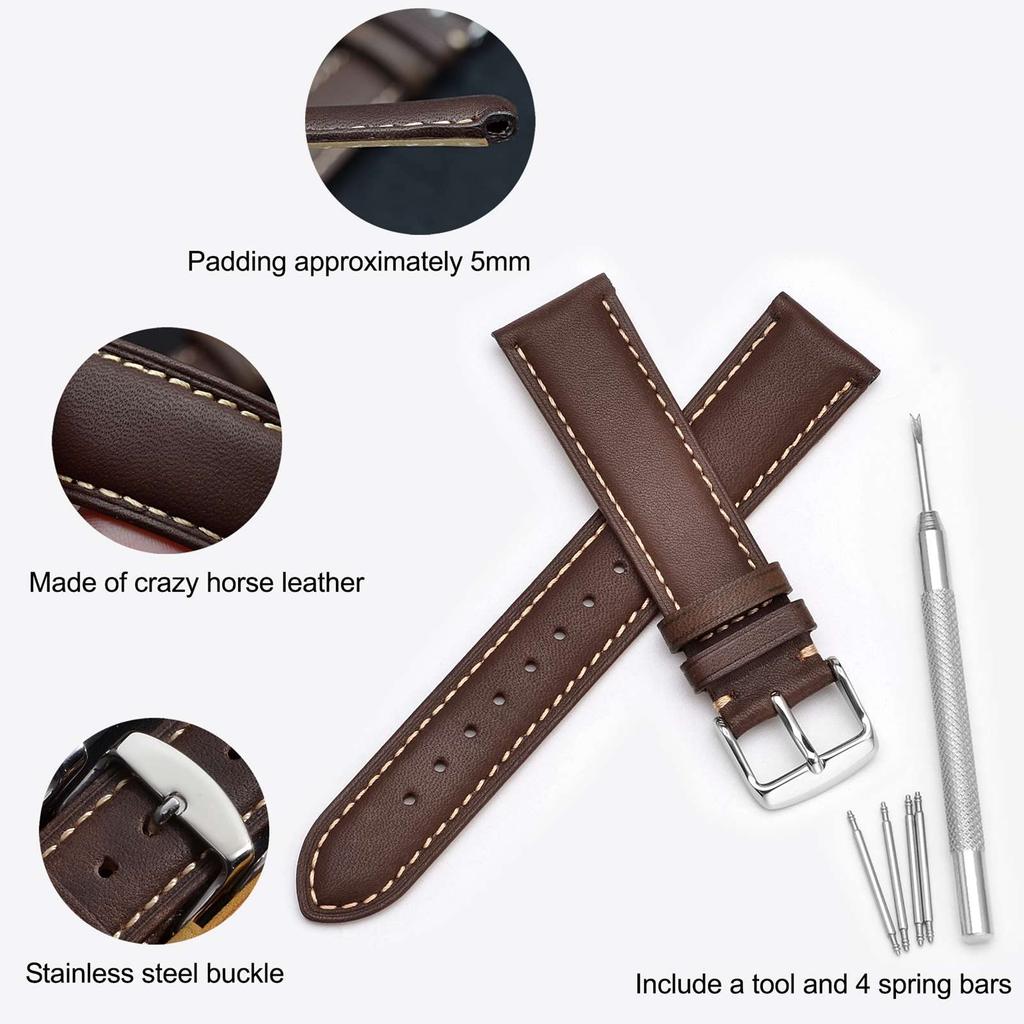 Watch Strap 20mm Watch Replacement Strap Vintage Watch Band Genuine Leather Adjustment Tool and Spring Bar Included [WOCCI] (Dark Brown/Contrast