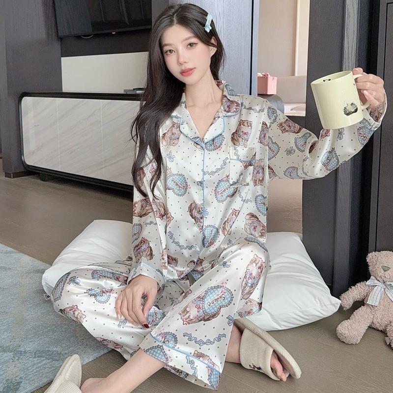 2025 Spring Autumn Women Pajamas Lounge Set Pink Butterfly Print Tops and Pants Satin Sleepwear Loose 2 Piece Loungewear Outfits