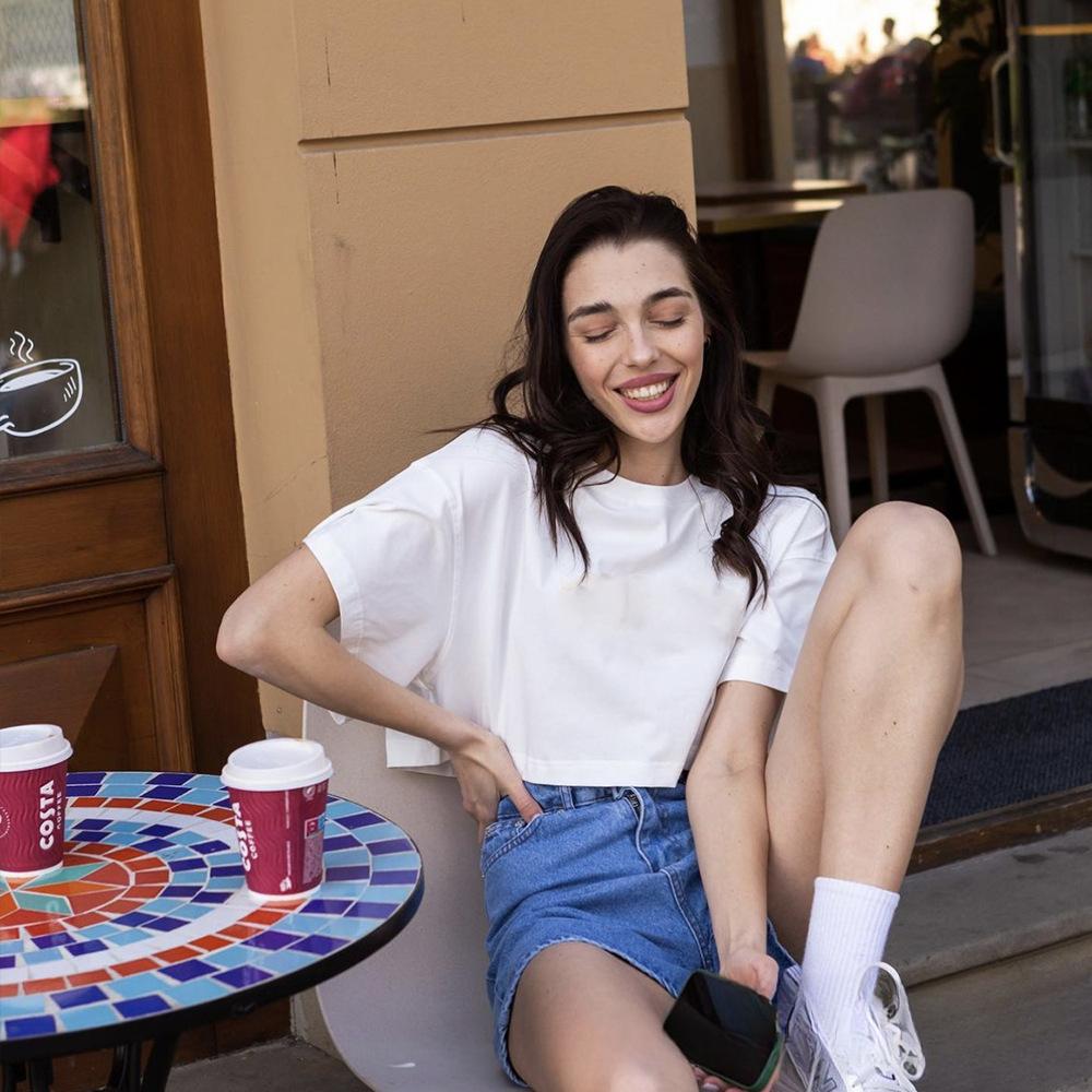 

Жіночі вільні укорочені футболки з коротким рукавом і круглим вирізом, вільні вкорочені топи, літні повсякденні базові жіночі футболки зі спущеними плечима L білий