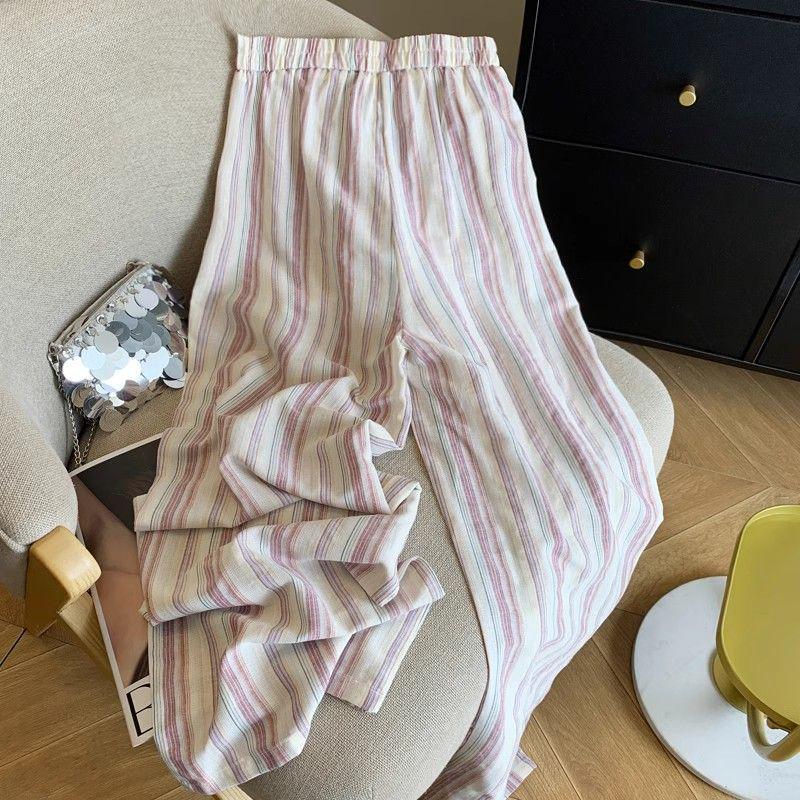 Plus Size Jin Striped Tie-Dye Wide-Leg Summer Pants - Loose, Slimming, Casual Style
