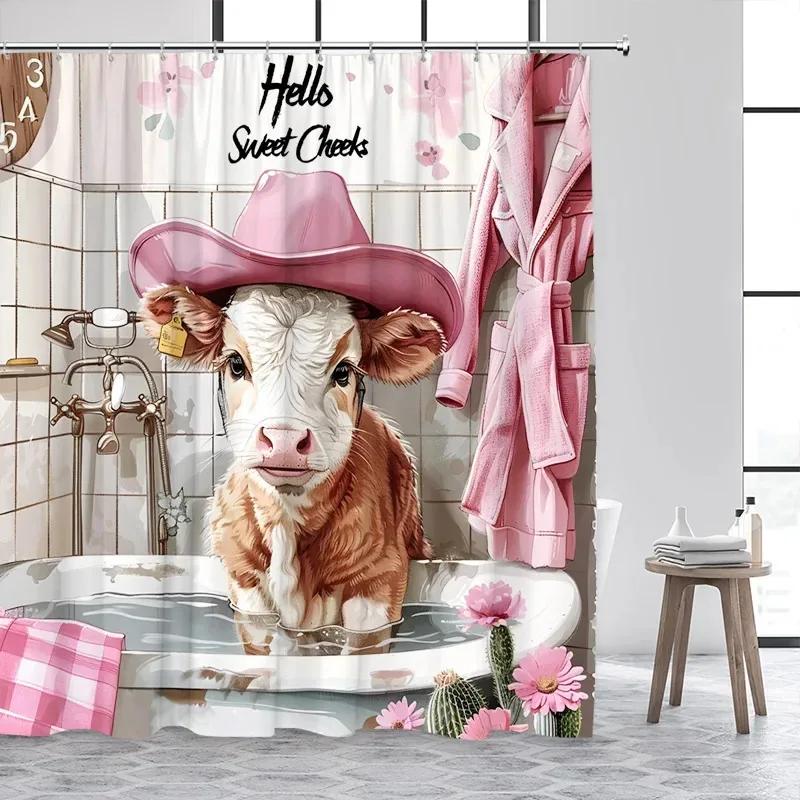 Hochlandrinder Duschvorhänge Lustiges Bauernhoftier Kaktuspflanze Rosa Badevorhang Set Polyester Badezimmer Dekor