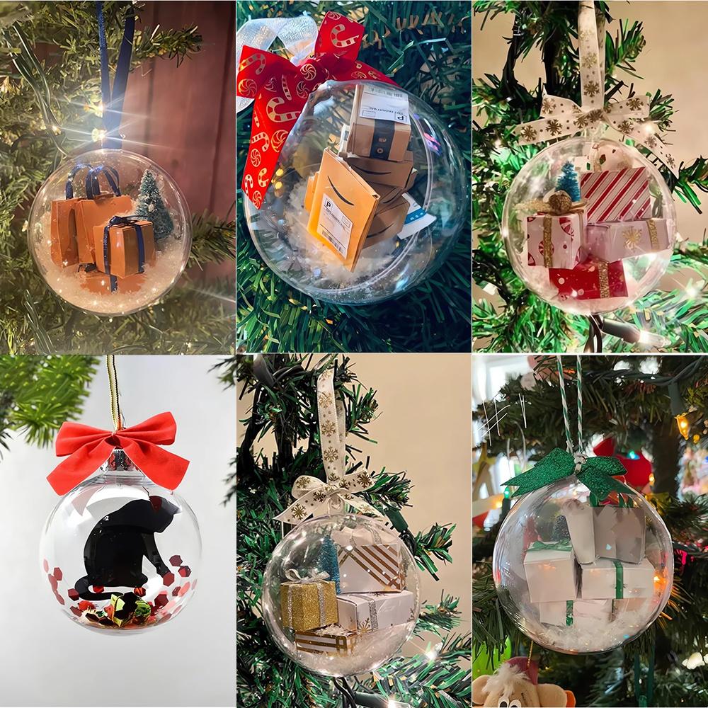 2 Palline Di Natale Trasparenti Con Mini Regalo All'Interno | Decorazioni Originali 9 Cm | Tema Pacco Regalo Divertente Per Albero E Casa