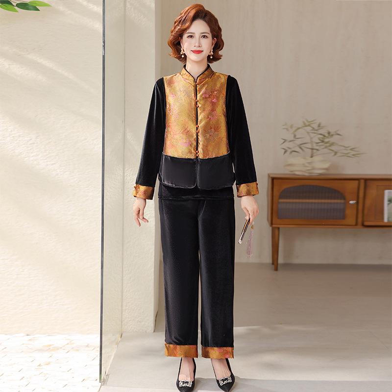 

Chinese Style Fashionable Mother s Outfit: Spring & Autumn Three-Piece Set for Women Aged 40-60 2XL (Recommended 55-63 kg)