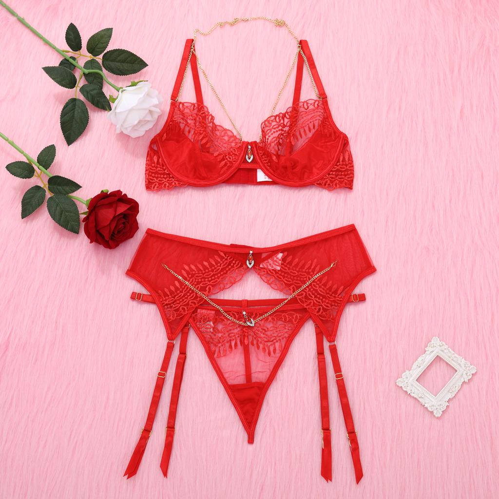 Red Bra Fashion Chain Sexy Lace Ladies Erotic Lingerie Set Hot Ladies Lace Lingerie Set Bra Set and Garter Set