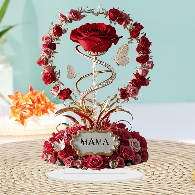 2D Acrylic Ornament Red Rose MOM Pattern Roses Mother Flat Elegant Desk Decora Filial Child To Mother Gifts