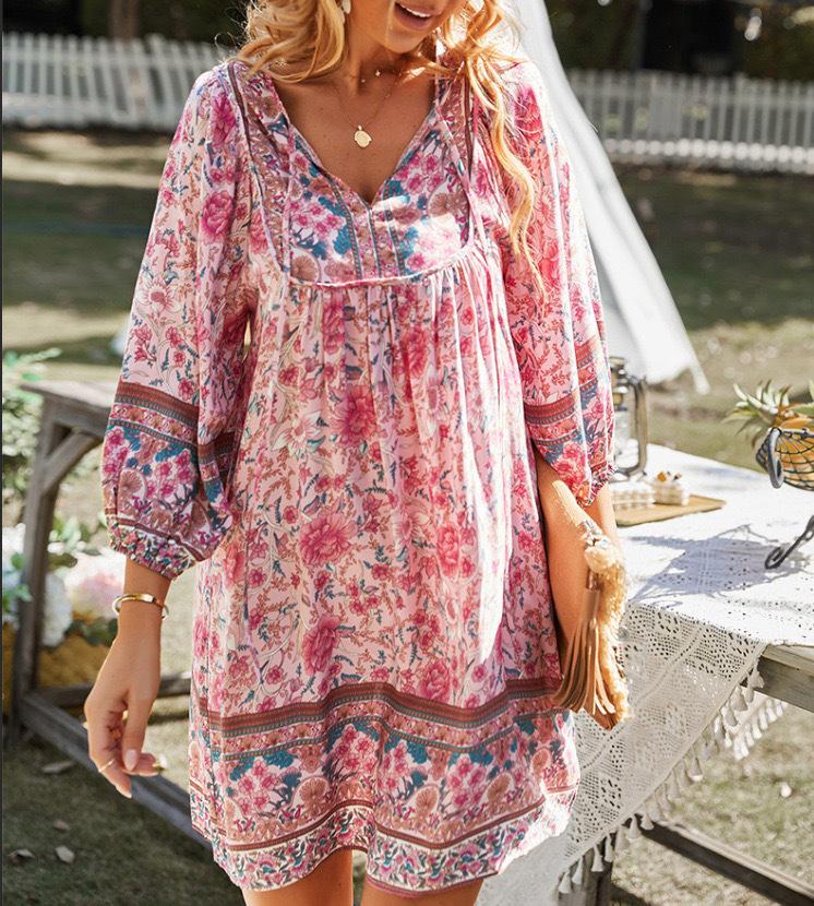 Women's Long Sleeve V-Neck Lace-Up Bohemian Print Dress