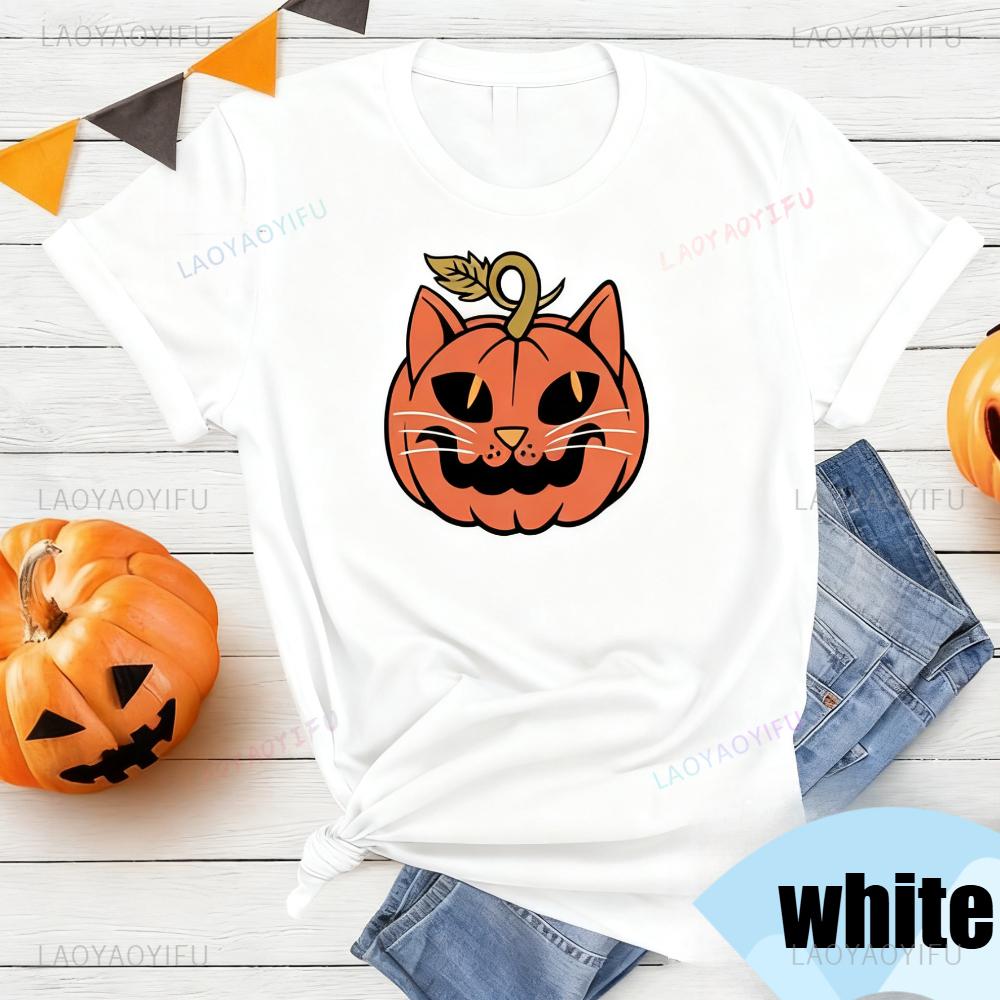 Minimalist Halloween Shirt Pumpkin Cat Face Gift Shirt Retro Halloween Cat Pumpkin TShirt Funny Halloween Women Casual Tops
