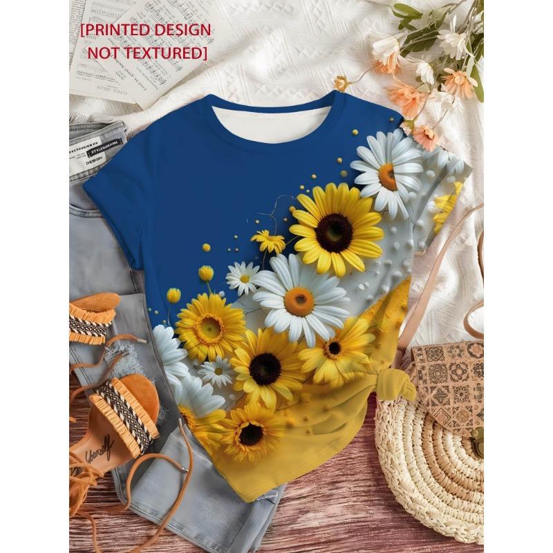 Women's Tee Sunflower Daisy Bouquet Graphic, Bright Floral Print Design for Casual Daily Wear