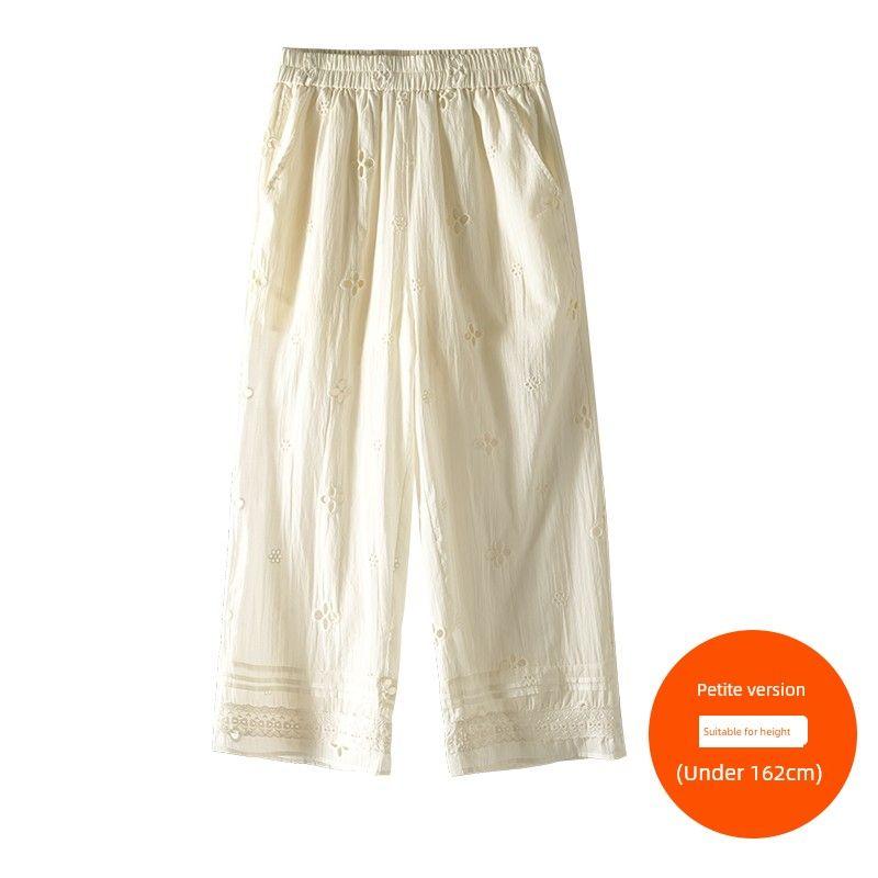 

Plus size women clothing [Korean Series Hollow-out Wide-Leg Pants] Three Pants Length Autumn Patchwork Embroidered High Waist Straight Casual Pants Meters apricot (below 160cm) 8xl