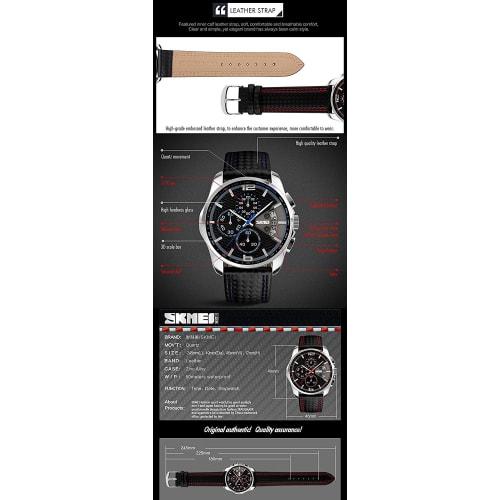 Men's Quartz Analog Sports Chronograph Waterproof Watch with Black Leather Strap, Skmei 9106 Blue