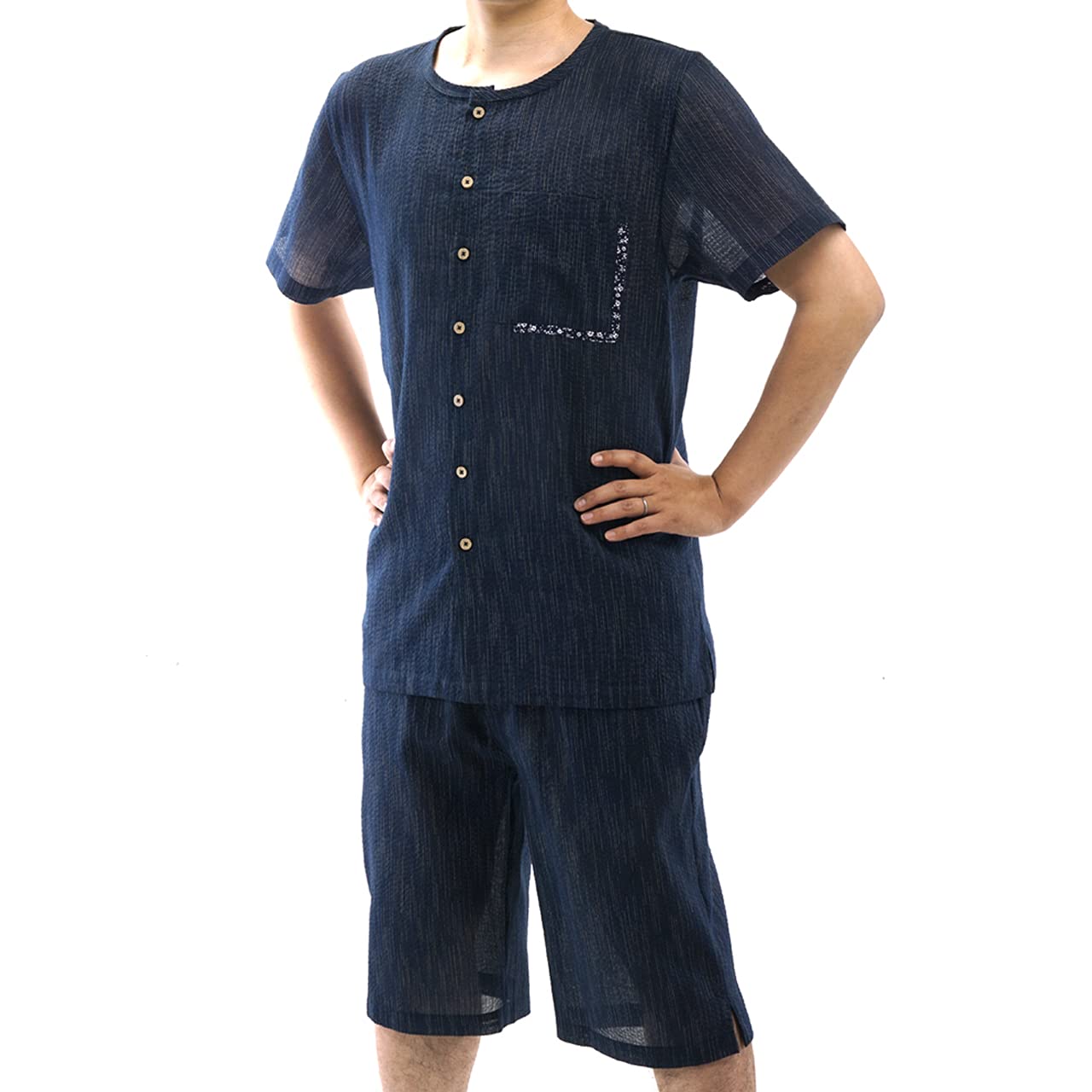 

Джинбей Джинбей Материал Полностью Распашная Рубашка Хенли Шорты Комплект Рубашки Джинбей Рубашка Хенли Касури Вертикальная Полоска и Мелкая Клетка Размеры от M до 4L