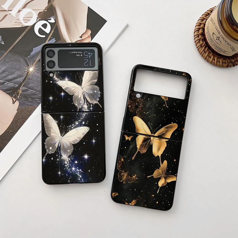 Case For Samsung Galaxy Z Flip 6 5 4 3 Phone Case Flower Butterfly Leather-Grain Shockproof Cover For Galaxy Z Flip6 Flip4 Flip5