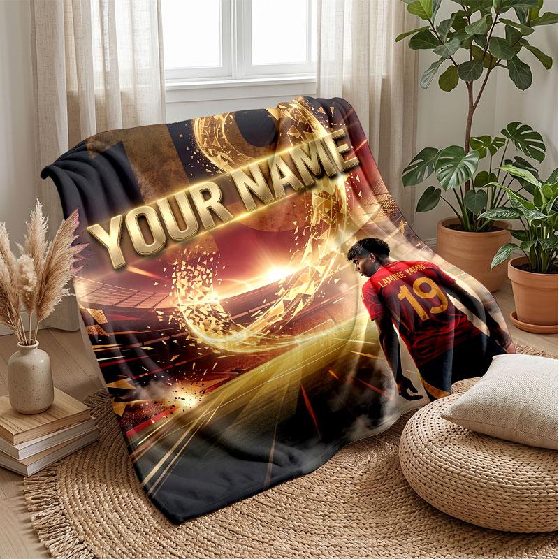Coperta in Flanella Personalizzata con Nome Testo Lamine Yamal Logo Calcio Coperta Pile Personalizzata Regalo Speciale per Divano Camera da Letto Casa