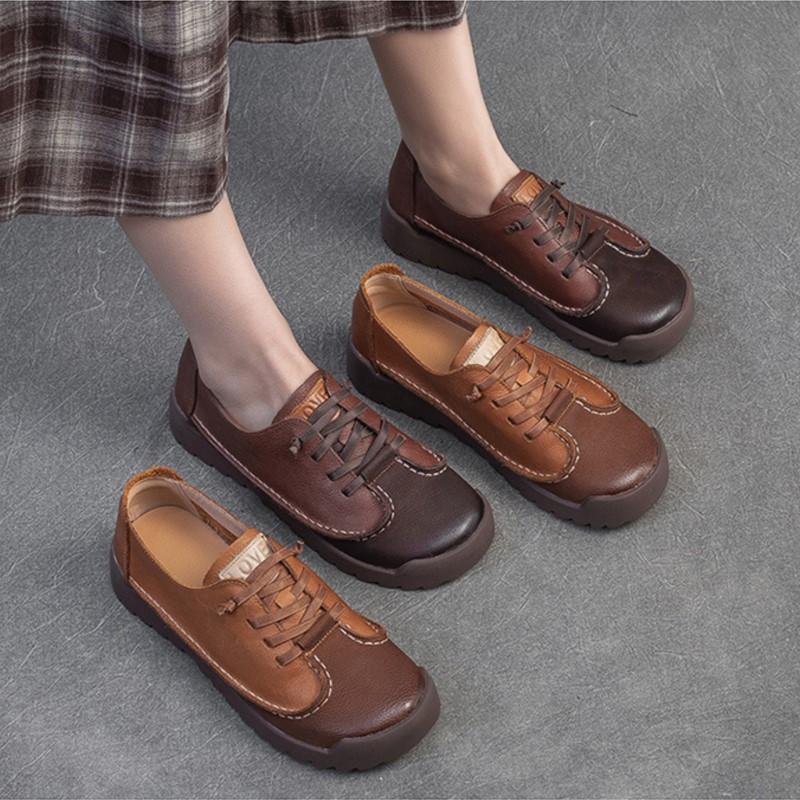 Johnature Retro Genuine Leather Flat Shoes Casual And Comfortable Soft Soled Commuting Women's Shoes
