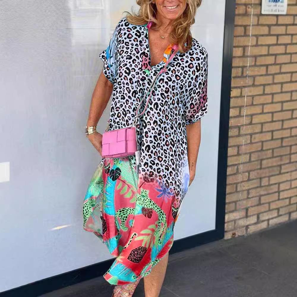 Leopard Print Patchwork Dresses Women V-neck Short Sleeves Pocket Loose Slit Midi Dress