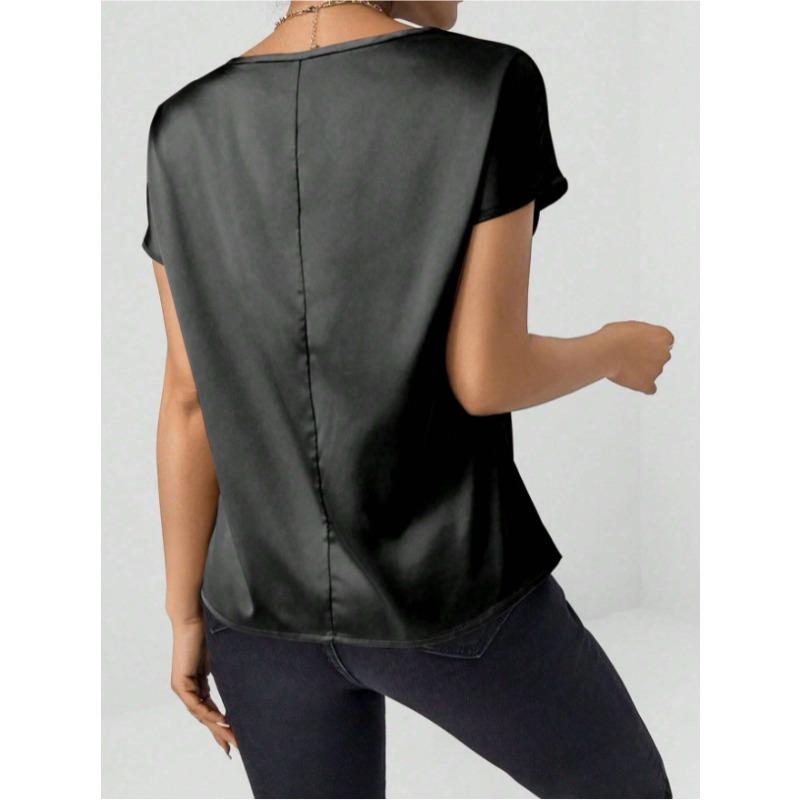 Summer Women's Round Neck Solid Color Casual Top with Batwing Sleeves and Satin Imitation Silk Short Sleeved Blouses & Shirts