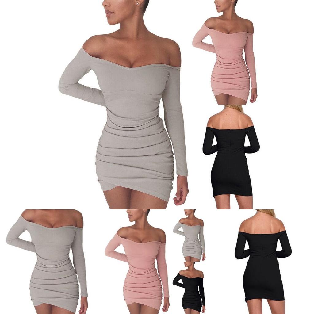 Elegante Dames Lange Mouwen Off Shoulder Avond Cocktailfeest Club Bodycon Mini Jurk Us