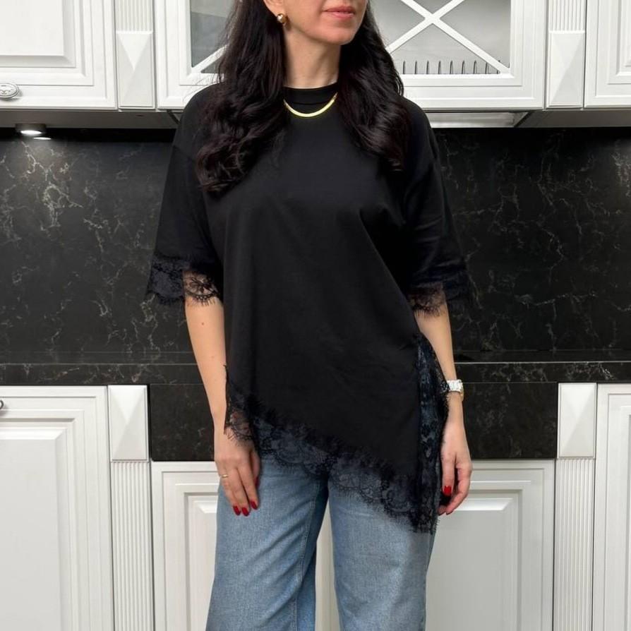 Women's 2026 New Fashion Casual Round Neck Lace Patchwork Solid Color Loose Short Sleeve T-Shirt