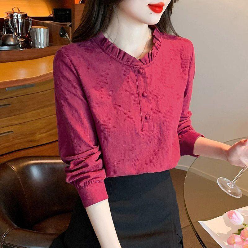 Cămașă de damă din bumbac pur jacquard cu guler lotus, de primăvară, versatilă, de bază, top cu mâneci lungi