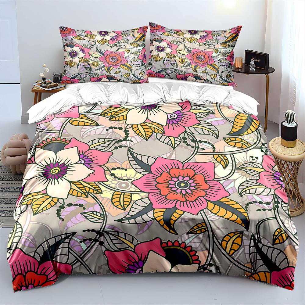 Colorful Floral Decorative Pattern Print Bedding Set 1 Duvet Cover 2 Pillowcases For Adult And Children Luxury Gift Full Size