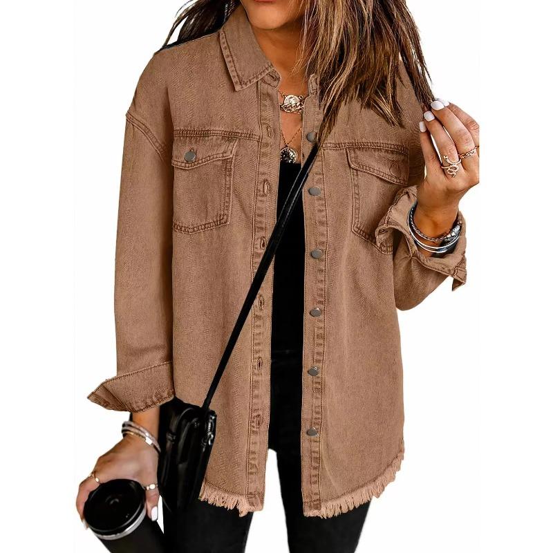 Washed Denim Jacket Women Autumn Tassel Lapel Jeans Female Casual Loose Long Sleeve Single Breasted Outerwear Shirts Coat