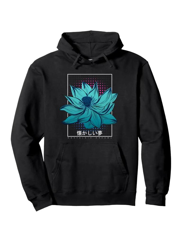 Retro 80s Japanese Vaporwave Hoodie - Turquoise & magenta Floral blossom Graphic - All-Season Pullover Sweatshirt