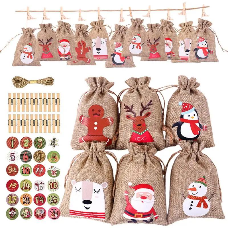 2026 Christmas Advent Calendar Small Christmas Gift Bags Tiny Christmas Burlap Candy Bag Holiday New Year Party Favors Supplies