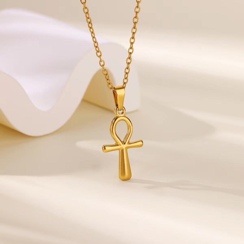 Religion Egyptian Ankh Crucifix Necklaces Gold Color Cross Charm Choker Stainless Steel Symbol of Life Jewelry Gifts Women Men