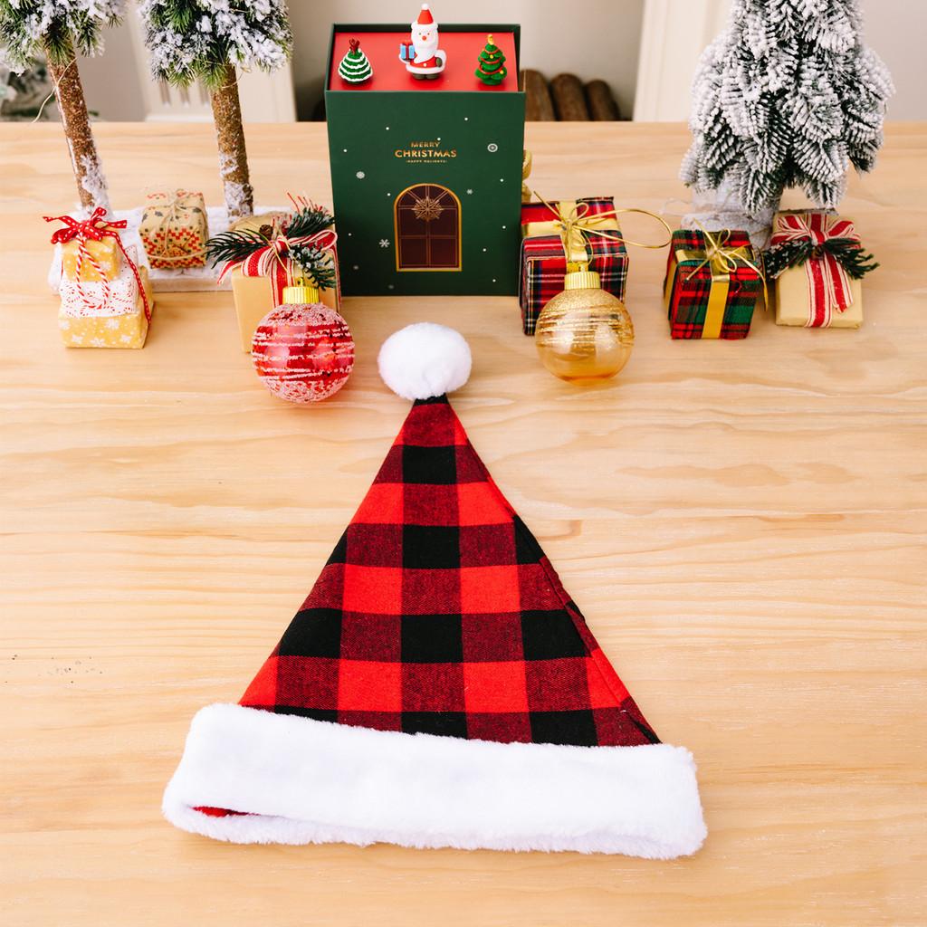 Warm Red Black Check Christmas Hat With Soft Fur Trim For A Modern Celebration Festive