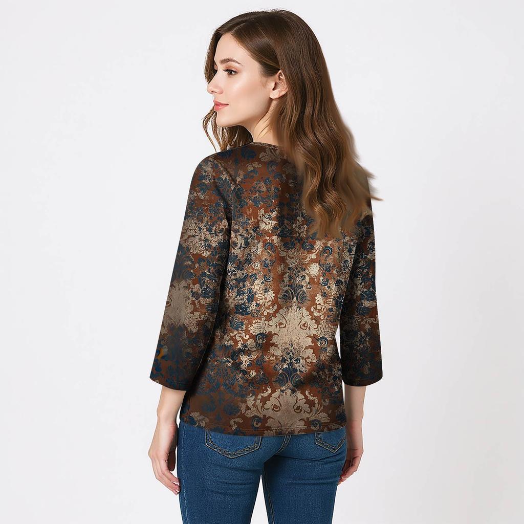 Women's 3/4 Sleeve Shirts V Neck Print Tops Casual Tops Basic Tees Blouse Loose Tops