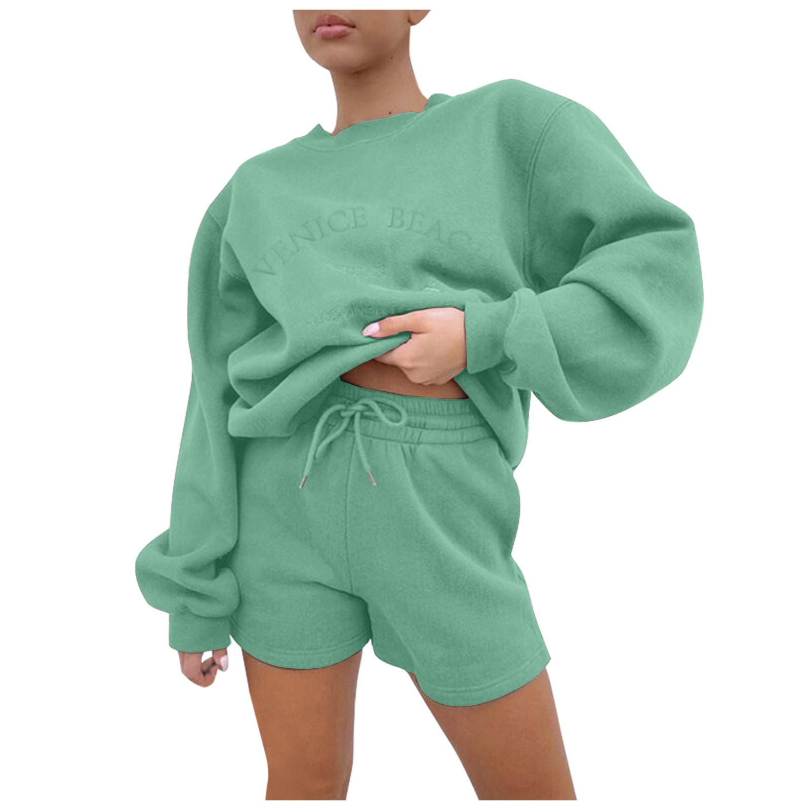 

Женская флисовая толстовка с вышивкой, топ с длинными рукавами и шорты на шнурке, пуловер, пижама, повседневный пижамный комплект, комплект толстовок с карманами L мятный зеленый